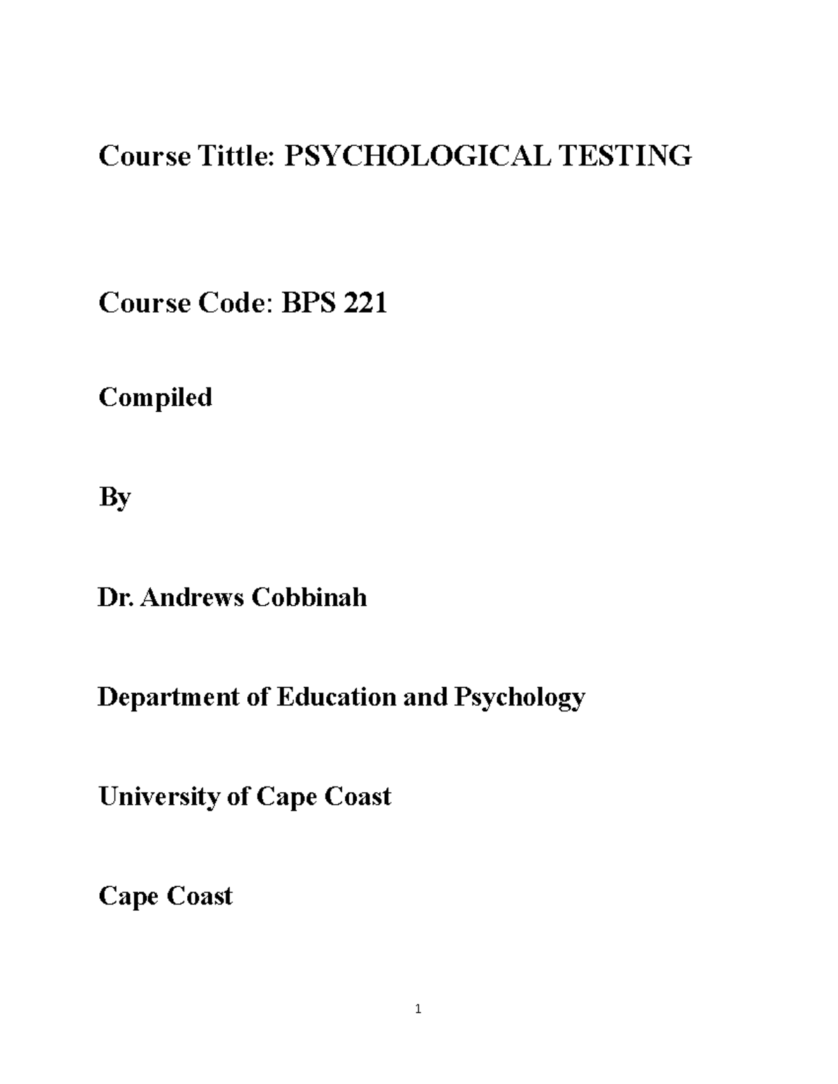 1 Psych BPS221 Notes - Course Tittle: PSYCHOLOGICAL TESTING Course Code ...