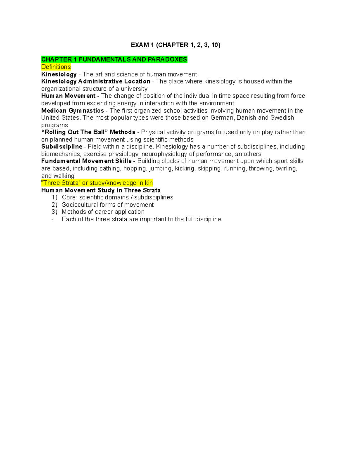 Kinesiology Exam 1 Study Guide Spring 2021 EXAM 1 (CHAPTER 1, 2, 3