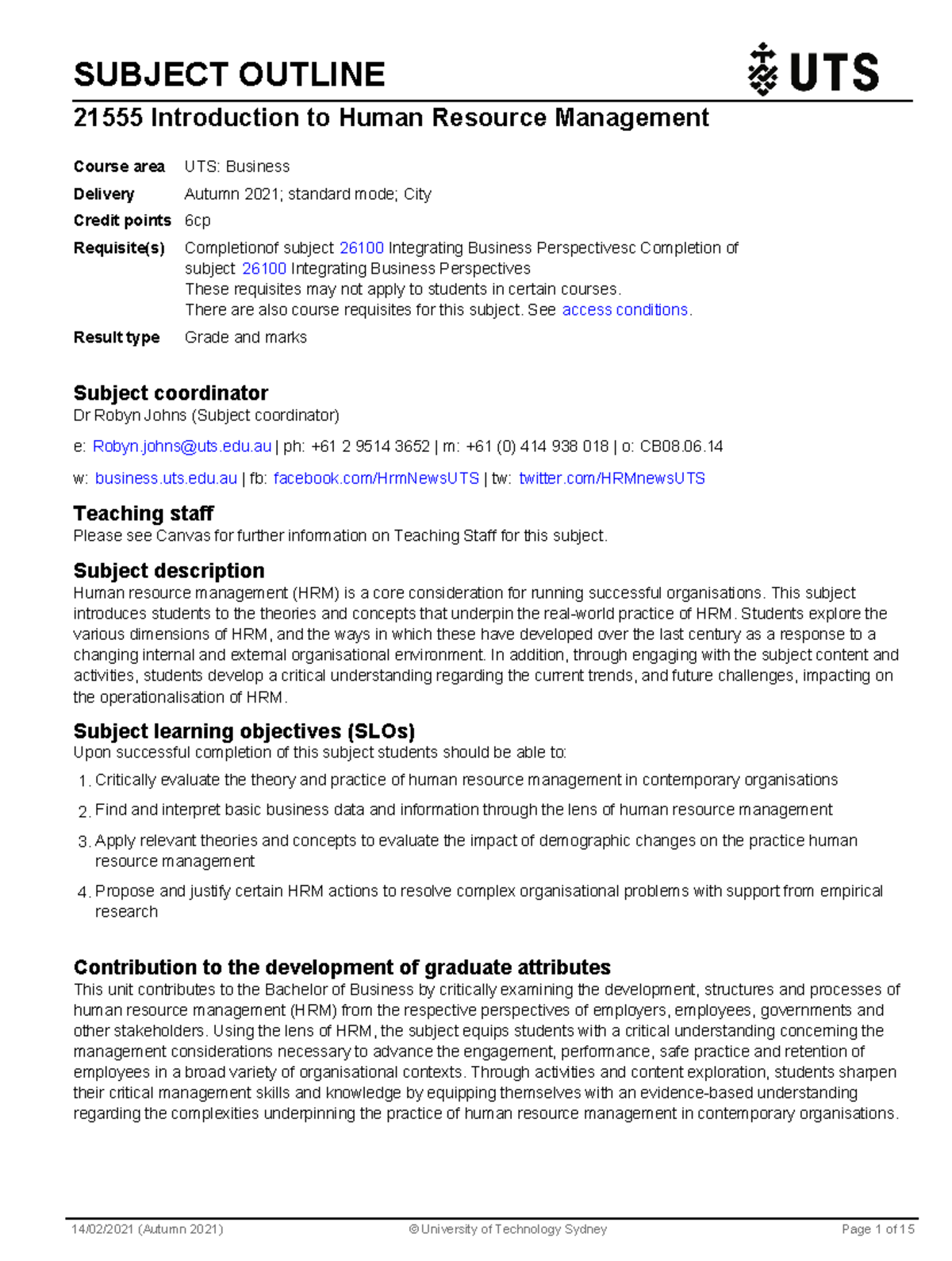 Intro to HRM Subject Outline - SUBJECT OUTLINE 21555 Introduction to ...