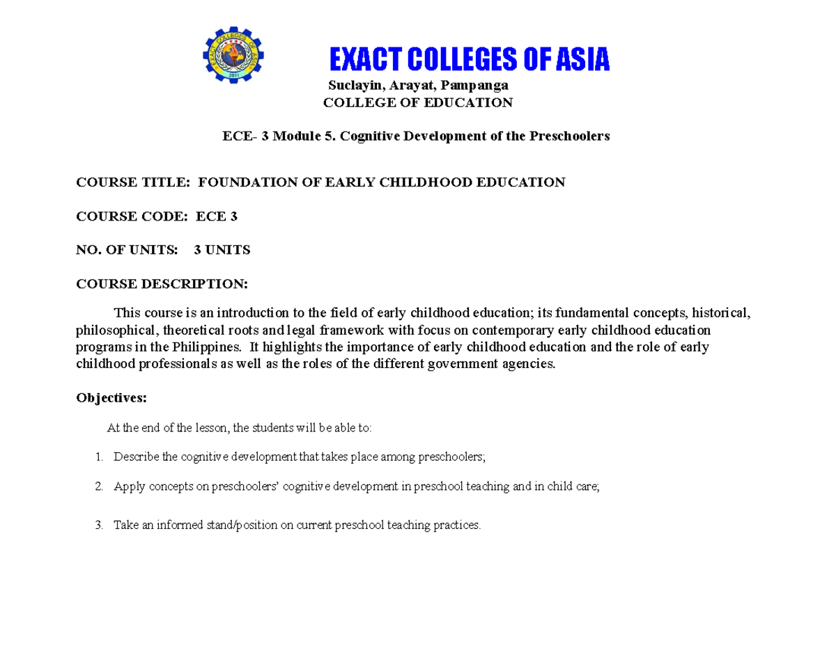 ECE 3 Module 5 Cognitive Development of Preschoolers Suclayin