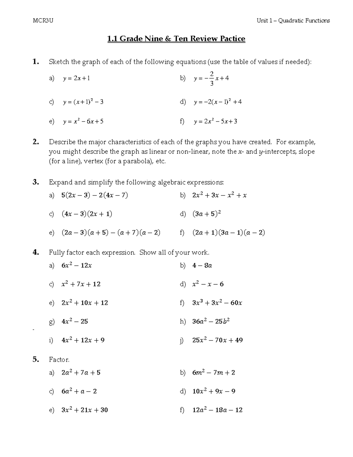 1.1 Review Practice - NOTES - MCR3U Unit 1 – Quadratic Functions 1 ...