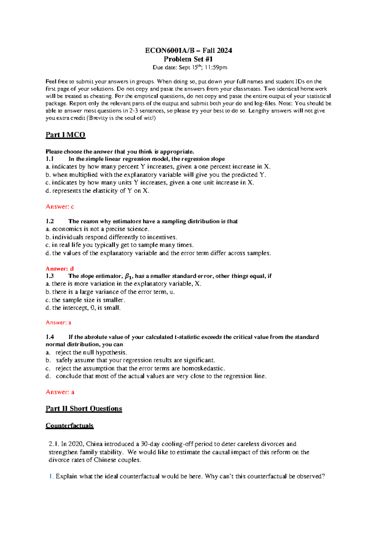 HW1 Solutions - assignment 1 solution - ECON6001A/B – Fall 2024 Problem ...