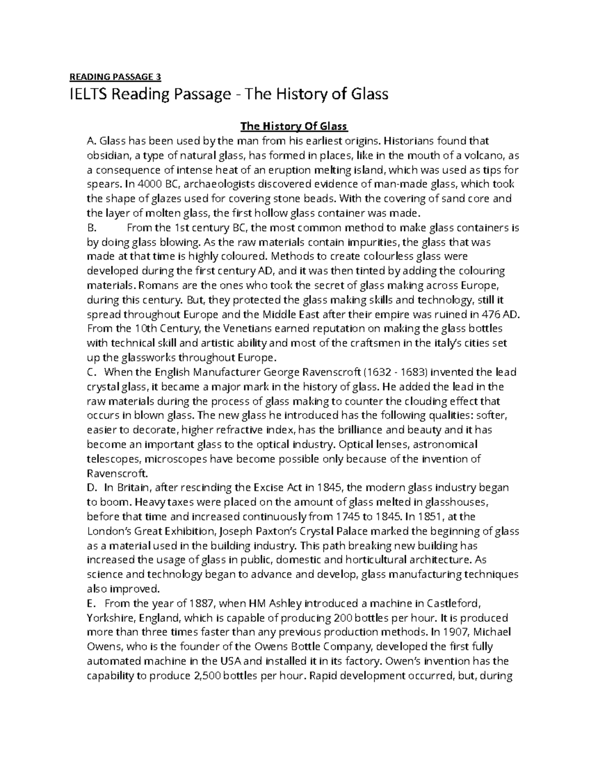 Reading Passage 3 The history of glass READING PASSAGE 3 IELTS