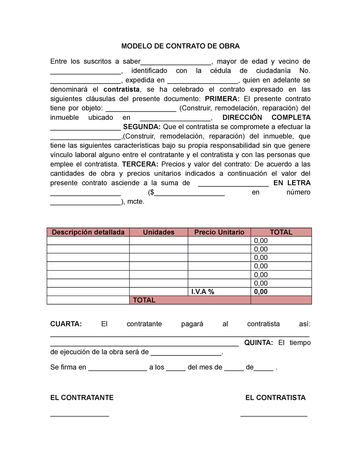 Modelo DE Contrato DE OBRA 1 - MODELO DE CONTRATO DE OBRA Entre los  suscritos a - Studocu