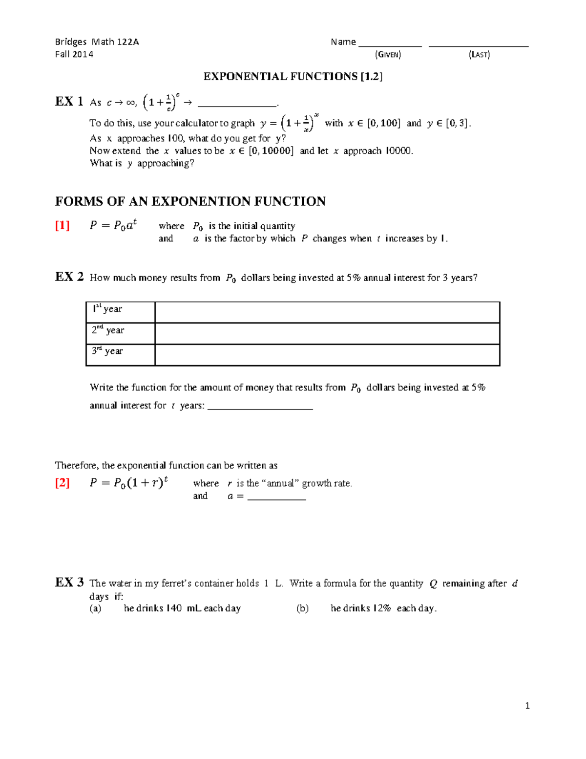 [1-2] Exponential Fns - Bridges Math 122A Fall 2014 Name (GIVEN) (LAST ...