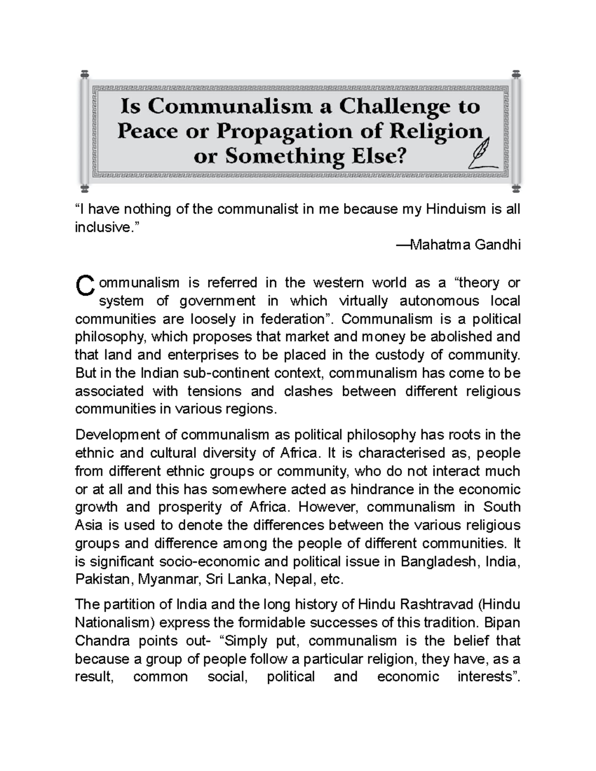 Is Communalism a challenge to peace or propagation of religion or ...