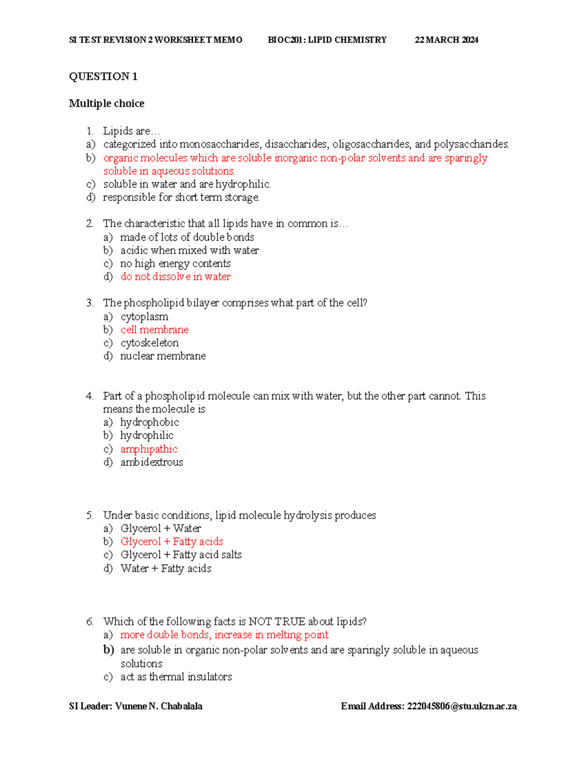 BIOC201 Test 1 Revision P2 Worksheet memo Vunene - QUESTION 1 Multiple ...