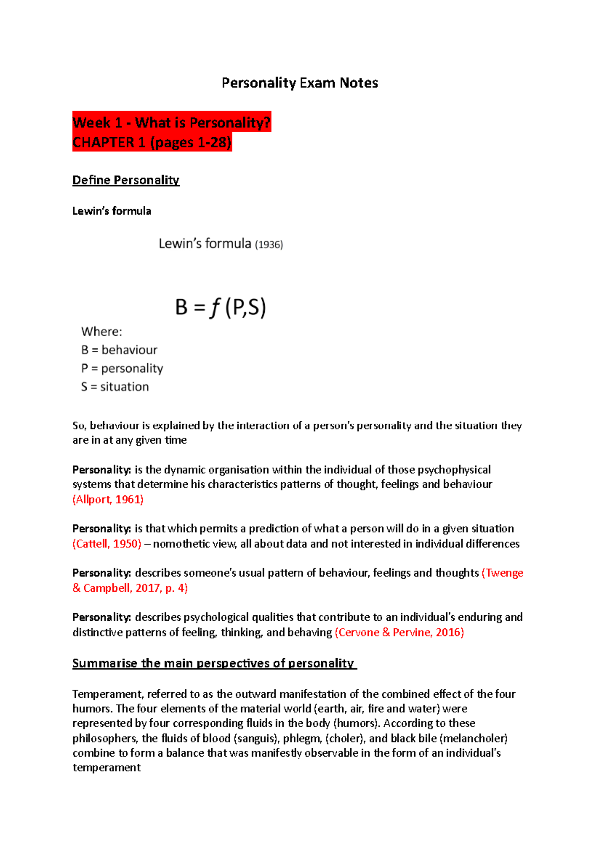 Personality Exam Notes - Personality Exam Notes Week 1 - What is ...