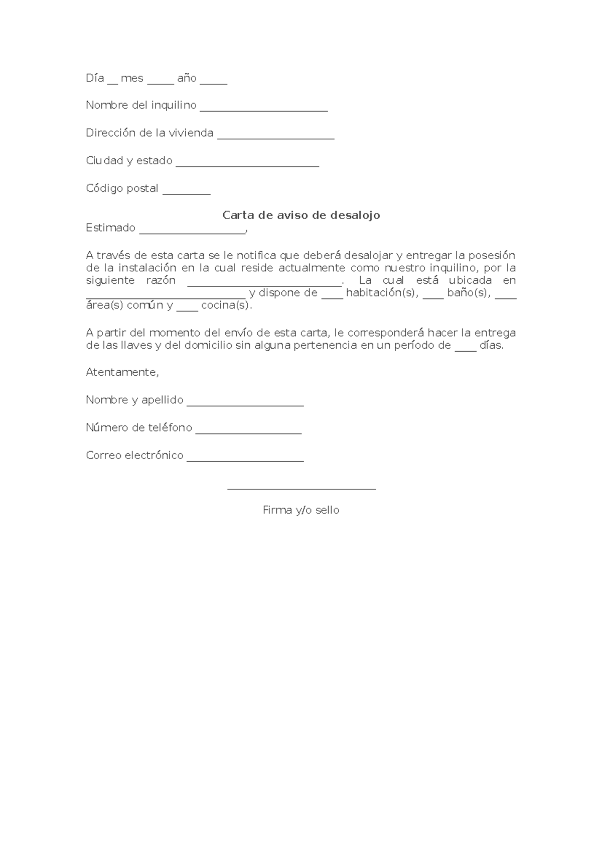 Carta De Desalojo Para Un Inquilino