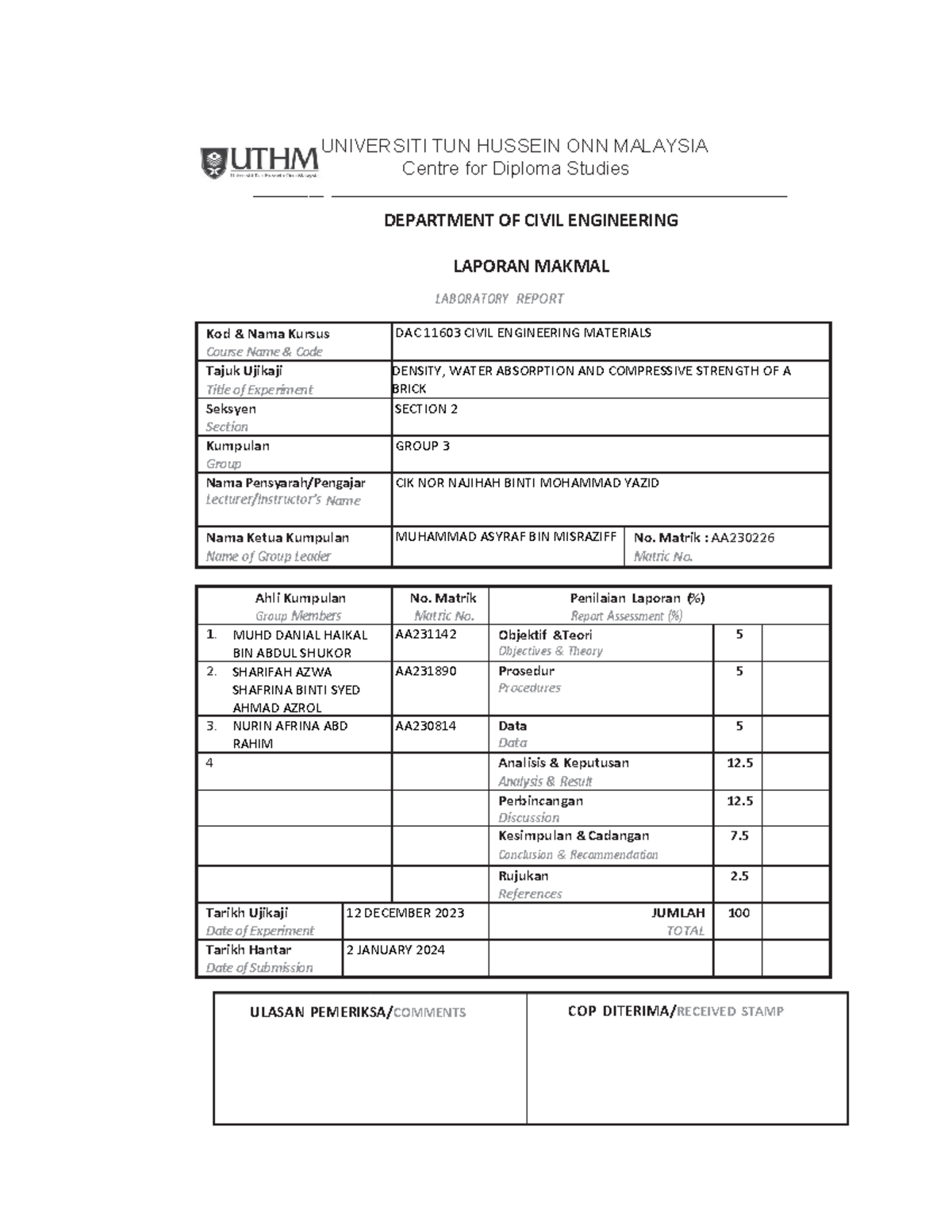 LAB Report Brick - _________ UNIVERSITI TUN HUSSEIN ONN MALAYSIA Centre ...