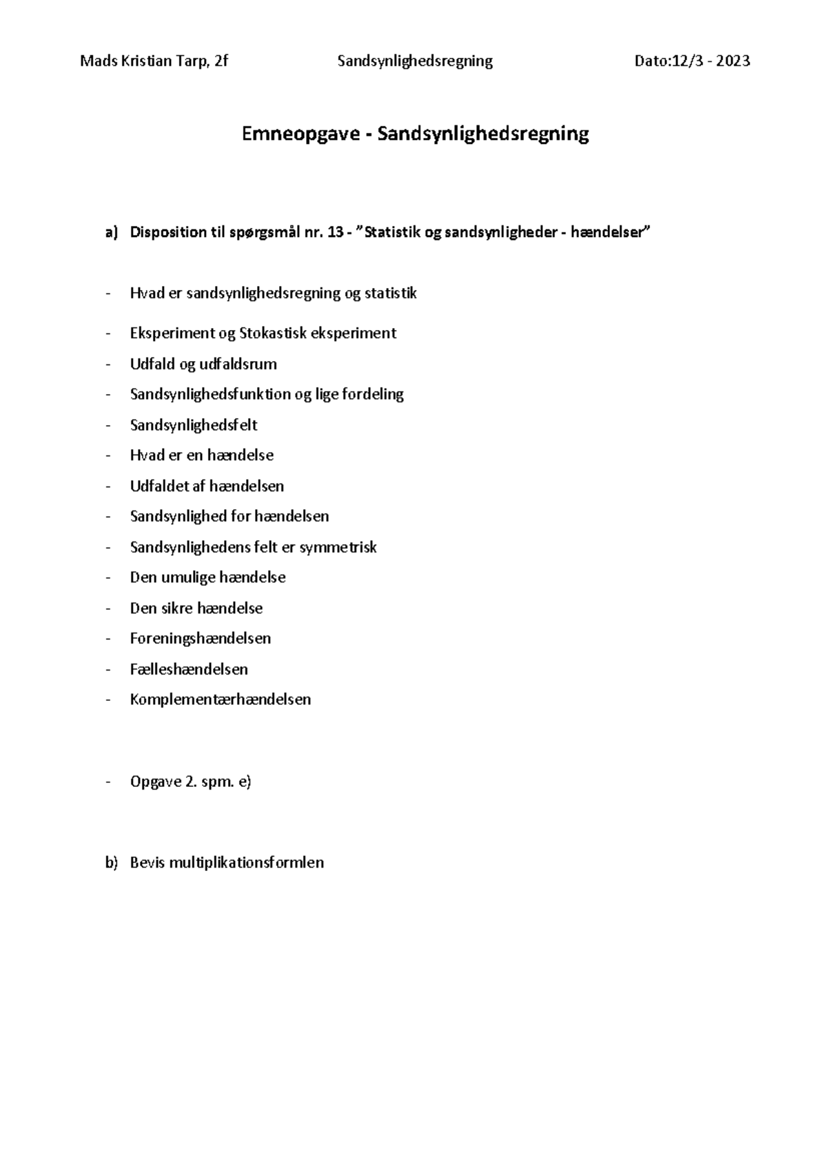 Emneopgave Til Disposition Sandsynlighedsregning - Mads Kristian Tarp ...