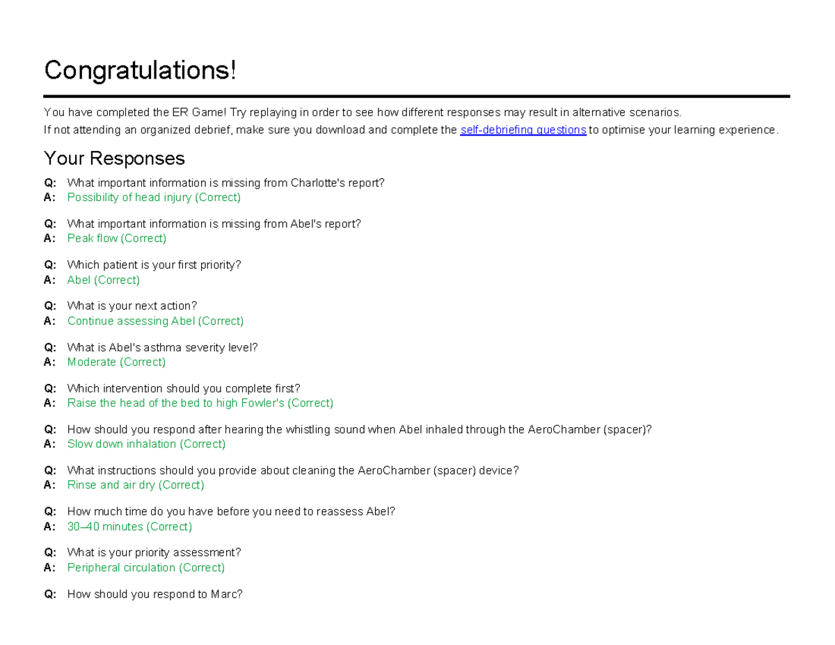 Virtual Hospital Simulation ER Module - Congratulations! You have ...