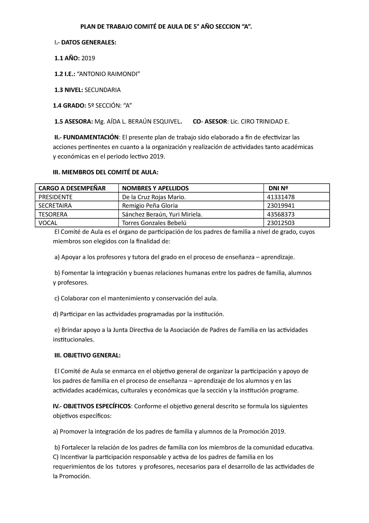 PLAN DE Trabajo Comité DE AULA DE 5 2019 (Recuperado automáticamente) - PLAN  DE TRABAJO COMITÉ DE - Studocu