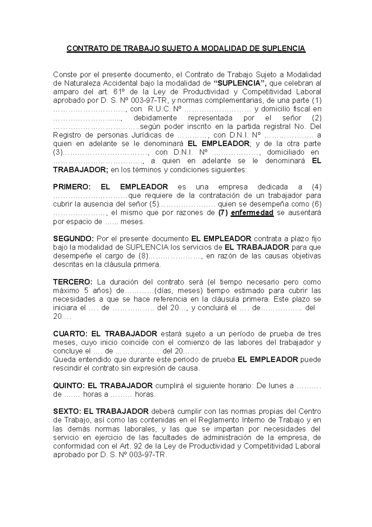 Contrato DE Trabajo Accidental Suplencia - CONTRATO DE TRABAJO SUJETO A ...