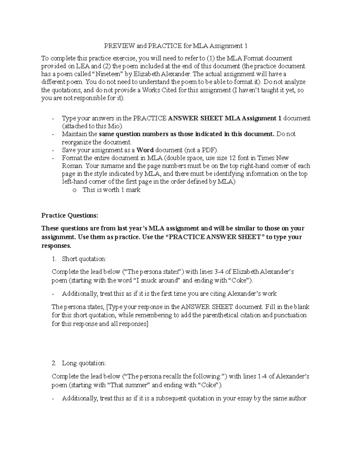 Practice Assignment - PREVIEW and PRACTICE for MLA Assignment 1 To ...