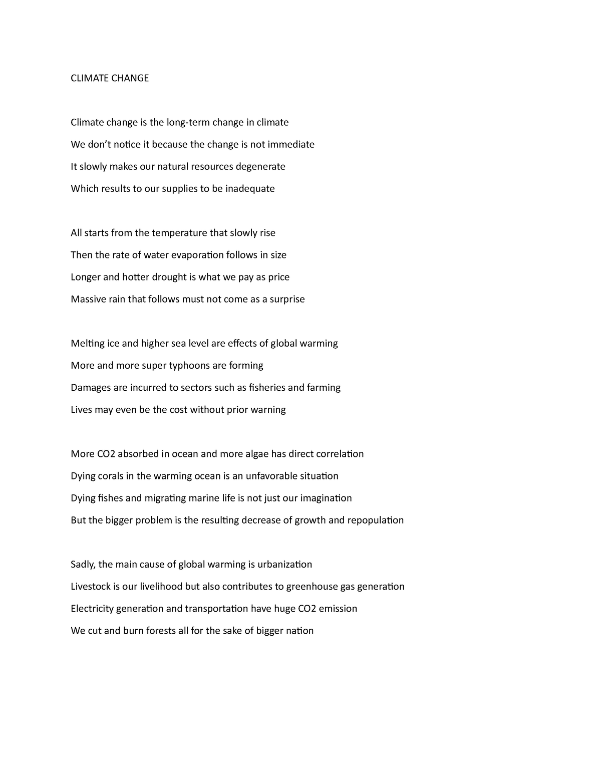 Climate Change Poem - CLIMATE CHANGE Climate change is the long-term ...