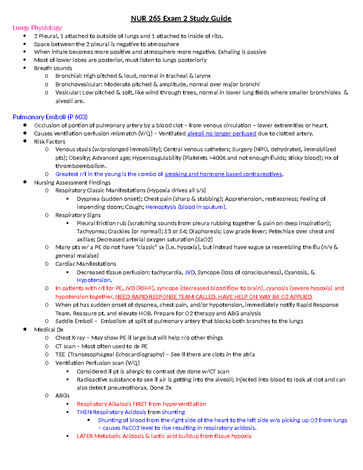 Nur 265 Exam 2 Study Guide - NUR 265 Exam 2 Study Guide Lungs ...