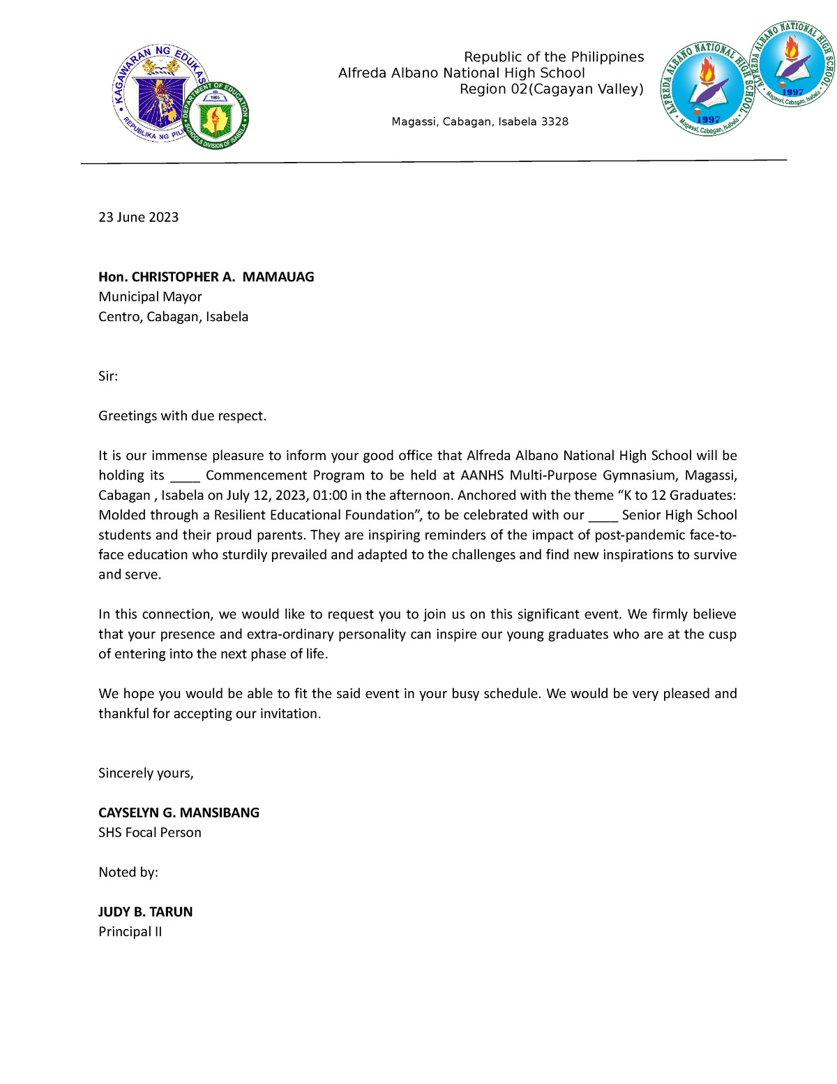 Communication Letter - Republic of the Philippines Alfreda Albano ...