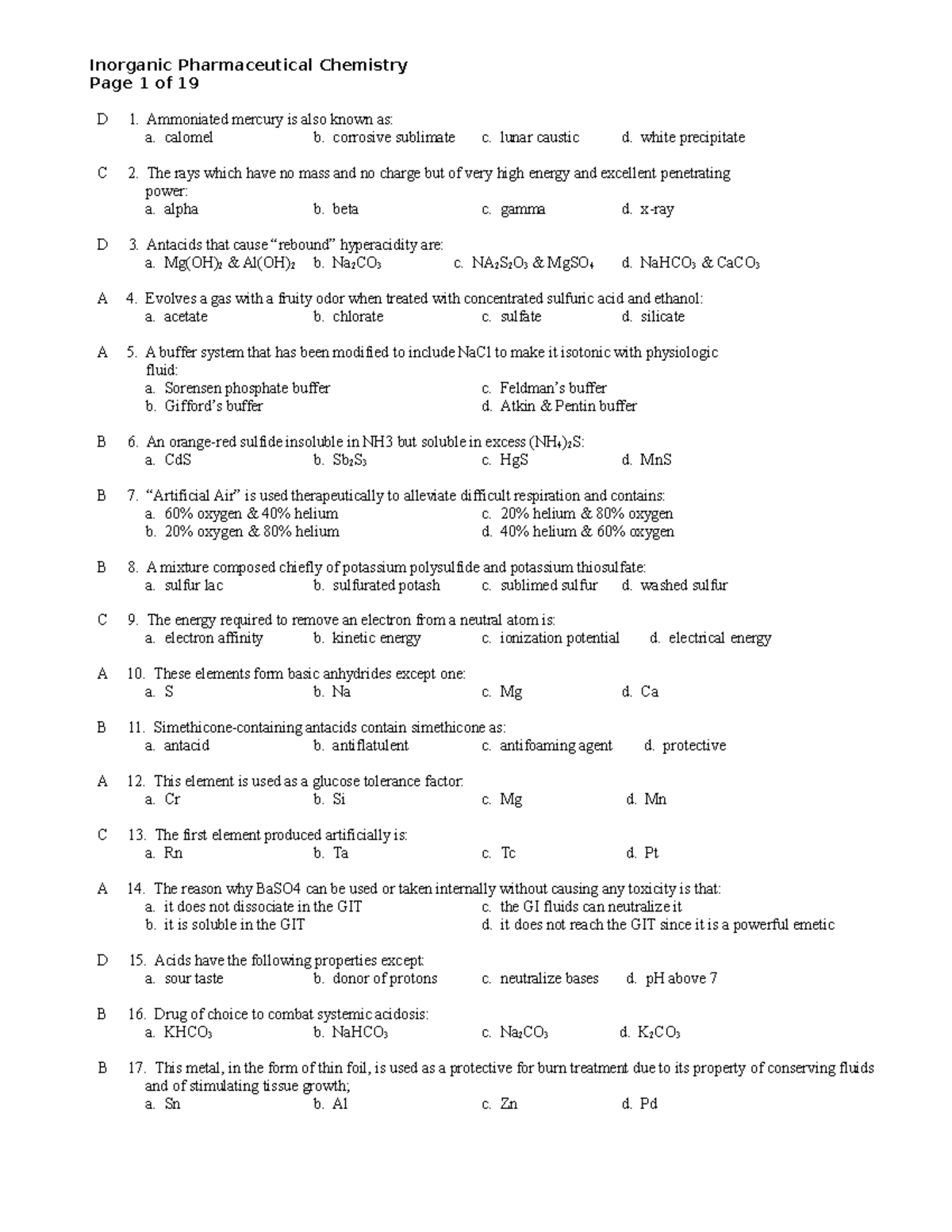 Module 1 inorganic pharmaceutical chemistry - Page 1 of 19 D 1 ...