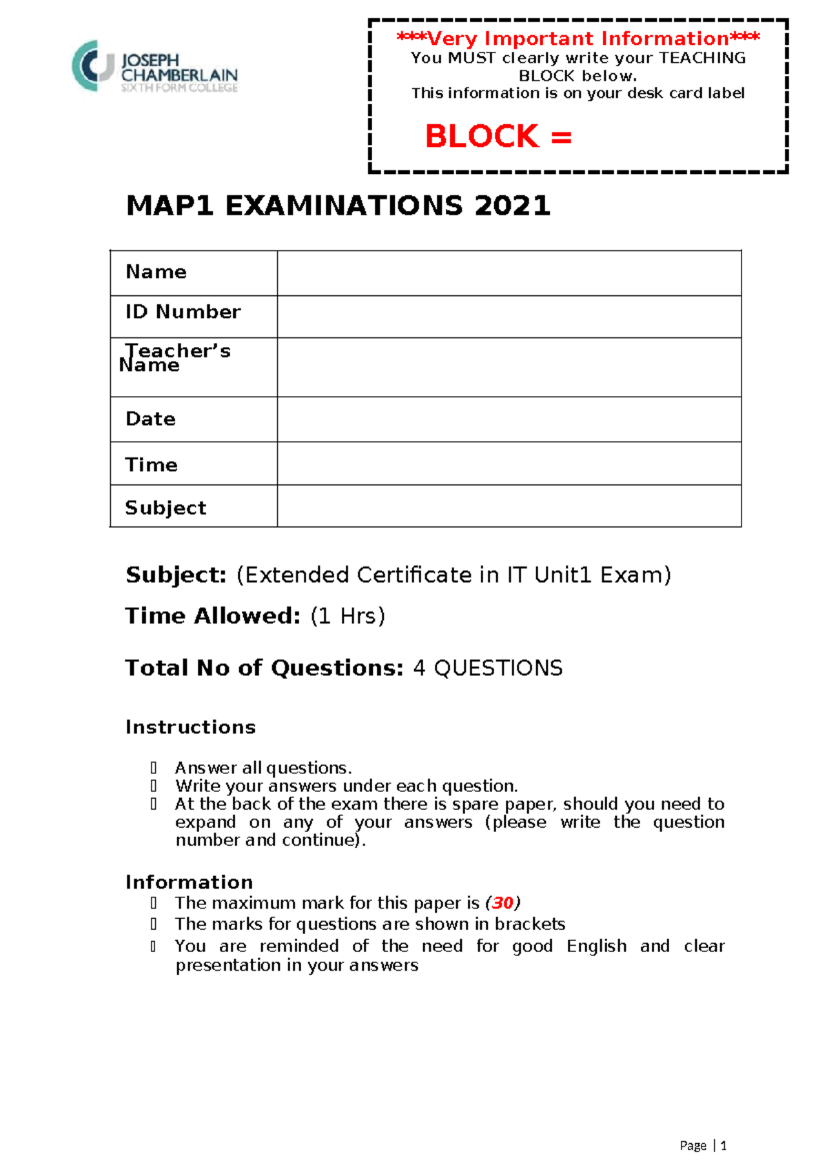 MAP1Answers - Exams for IT. - MAP1 EXAMINATIONS 2021 Name ID Number ...