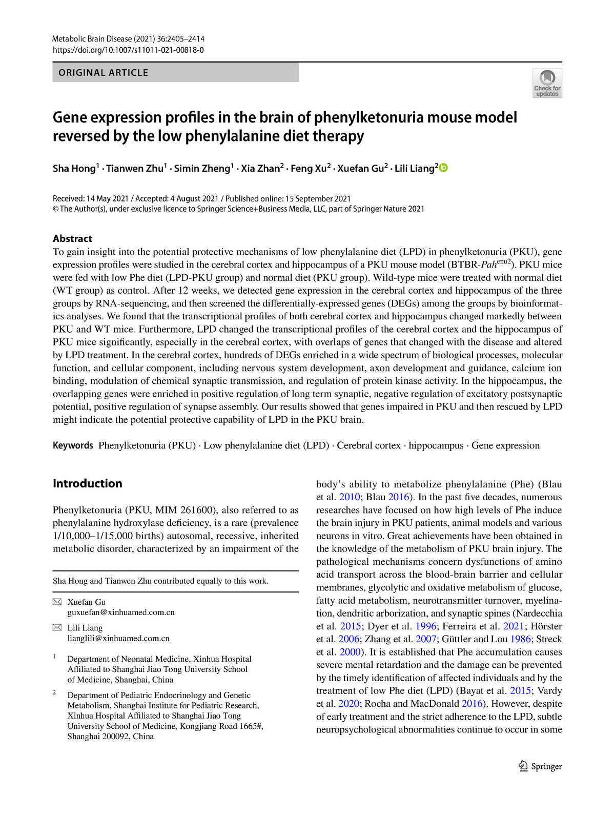 Genetics Assignment PKU - Vol.:(0123456789)1 3 Doi/10.1007/s11011-021 ...