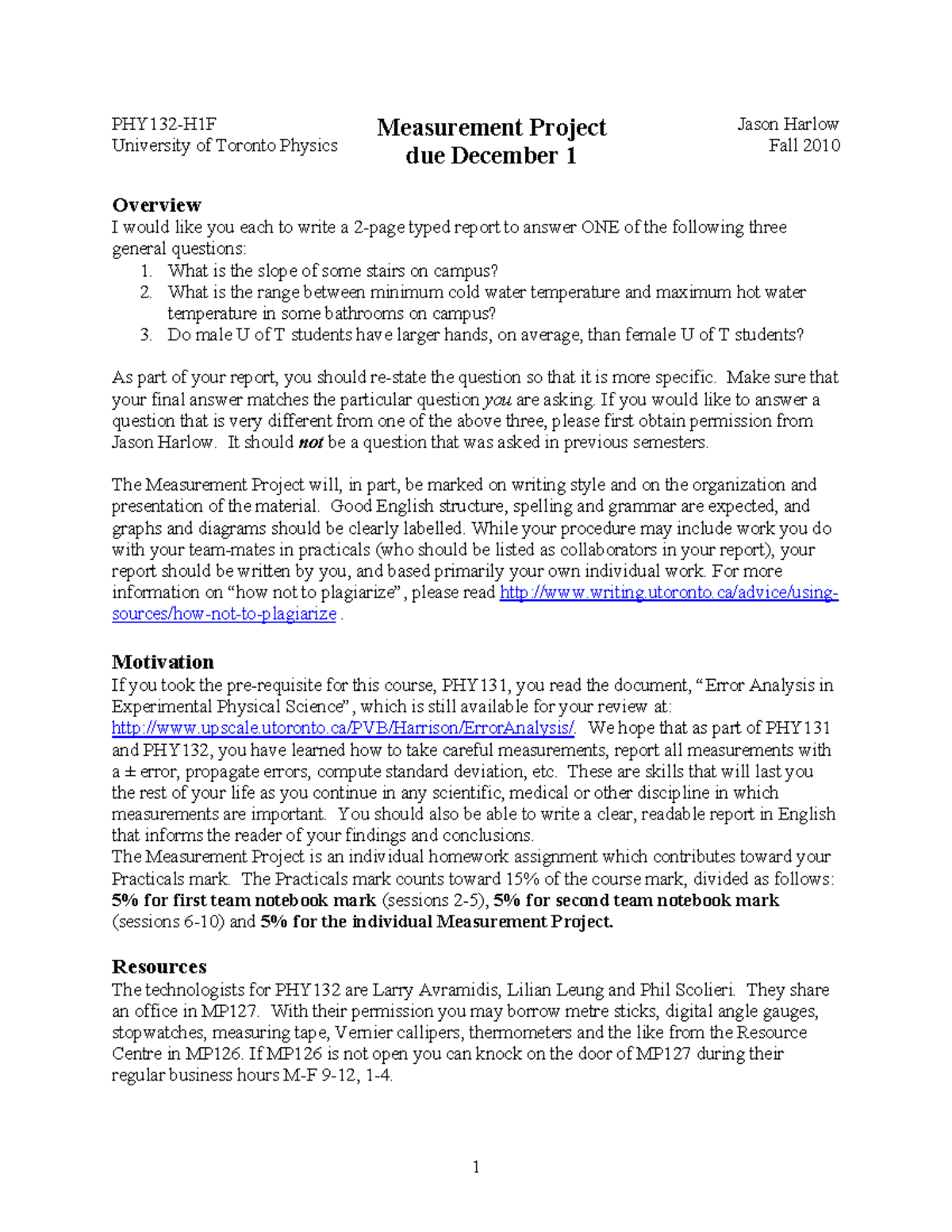 Measprojf 10web - measure project - 1 PHY132-H1F University of Toronto ...