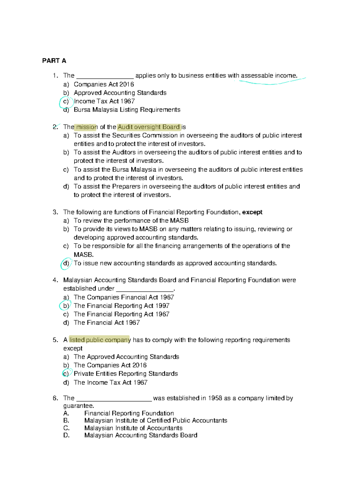 FAR410 Common Test Sample Questions 231124 101102 - PART A The ...