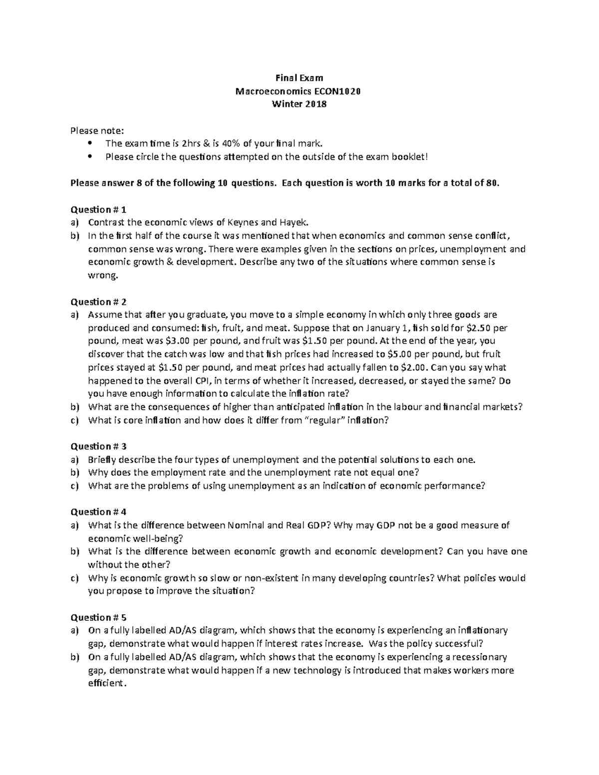 ECON1020winter 2018 final - Final Exam Macroeconomics ECON Winter 2018 ...