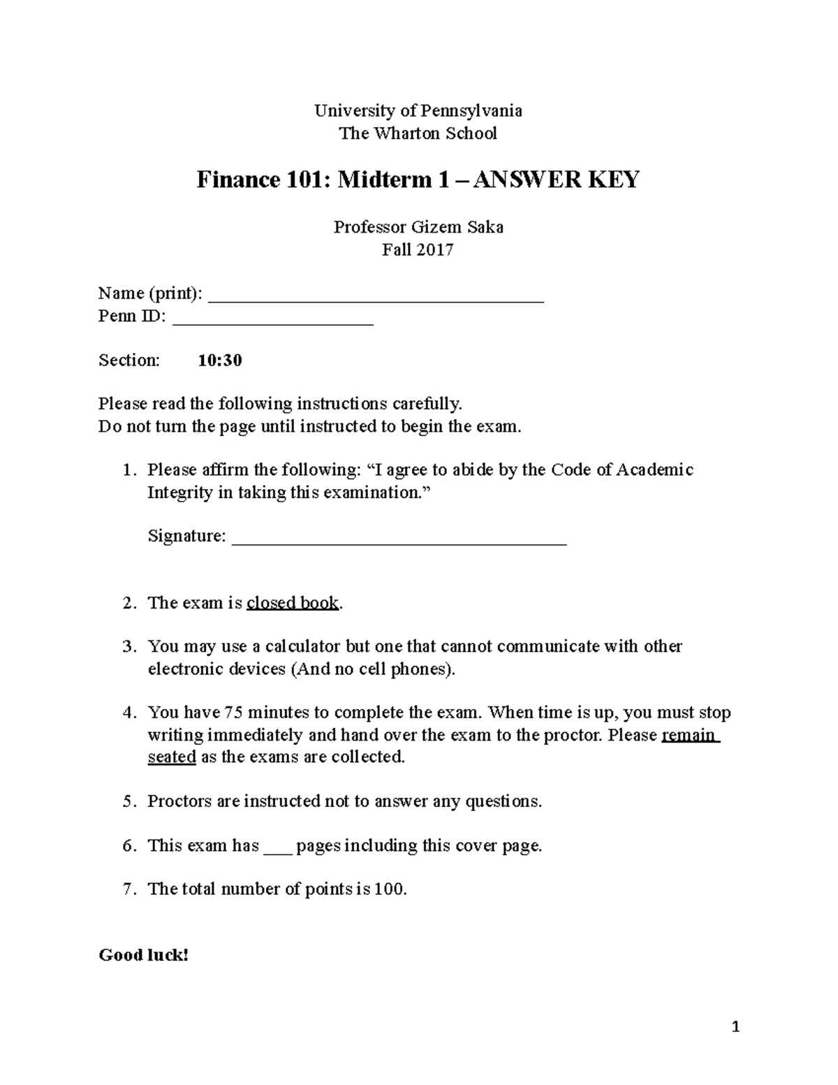 Saka F17 Fin 101 Midterm 1 Section 1 Answer Key University of