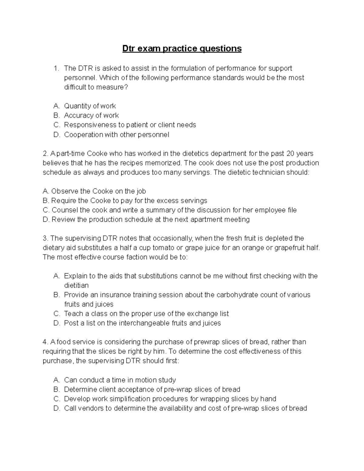 Dtr exam practice questions Which of the following performance