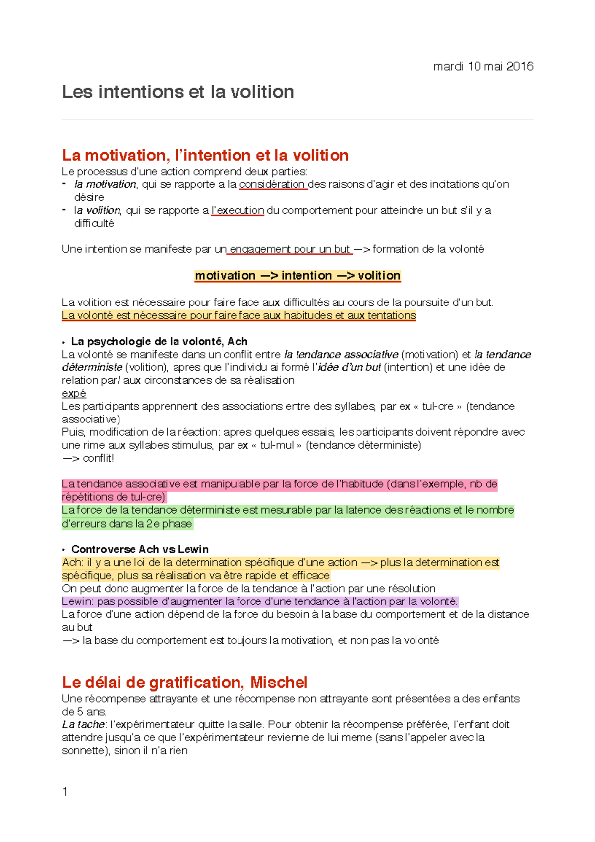 Chapitre du cours 20 mardi 10 mai 2016 Les intentions et la volition La motivation, l