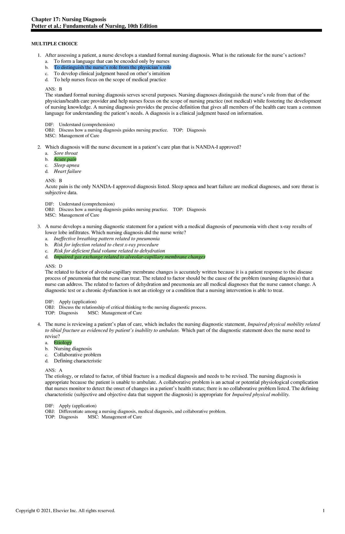 Exam View - Chapter 17 - Chapter 17: Nursing Diagnosis Potter Et Al ...