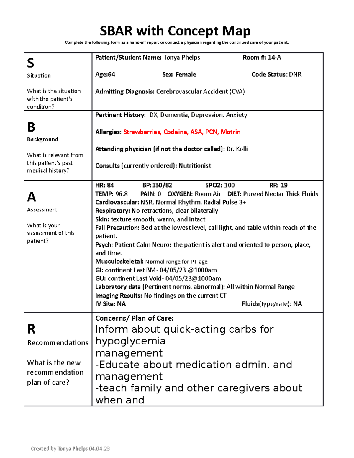 SBAR - Cerebrovascular Acident (CVS) - Created By Tonya Phelps 04. SBAR ...