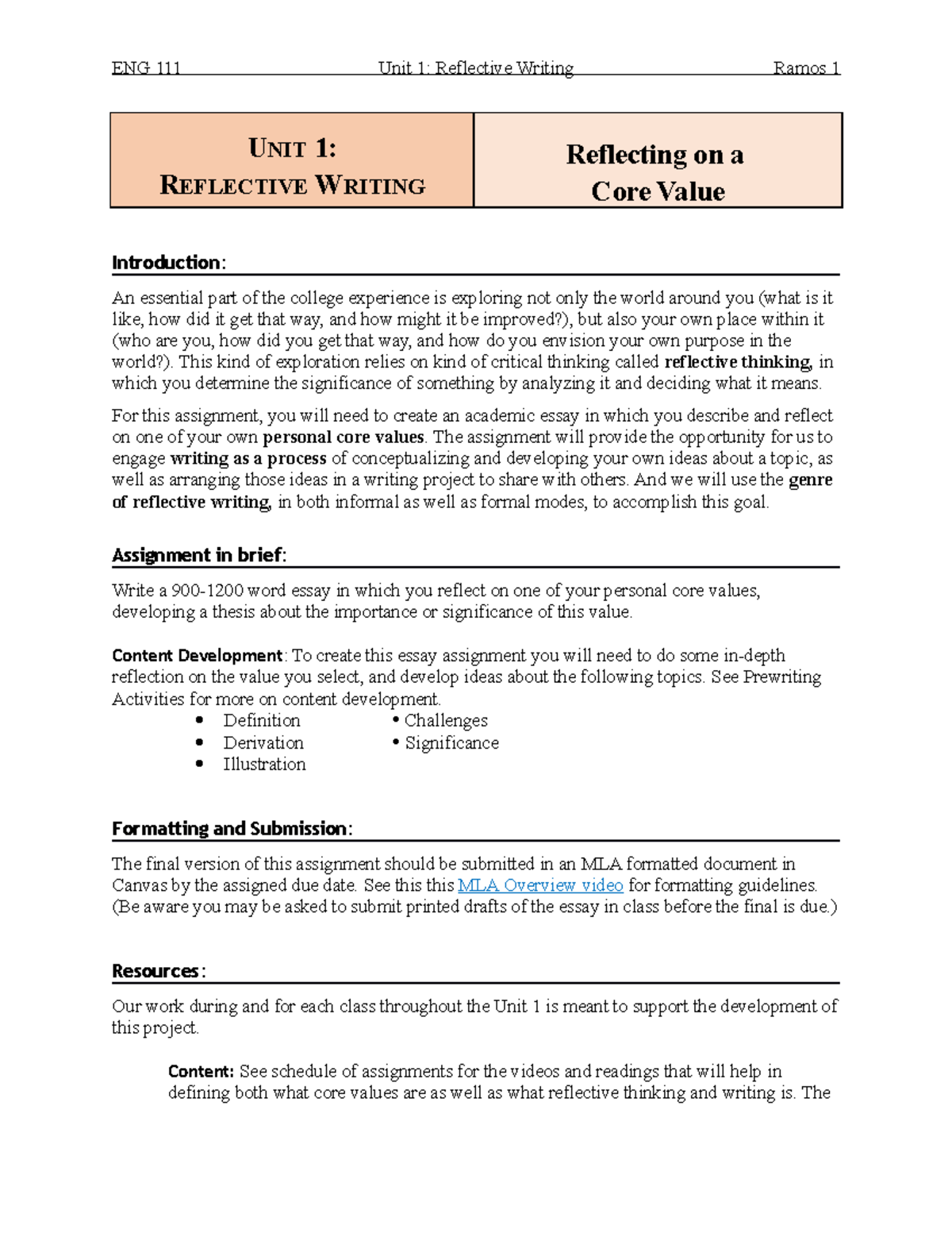 Reflecting on Core Values Essay Assignment ENG 111 Unit 1 Reflective