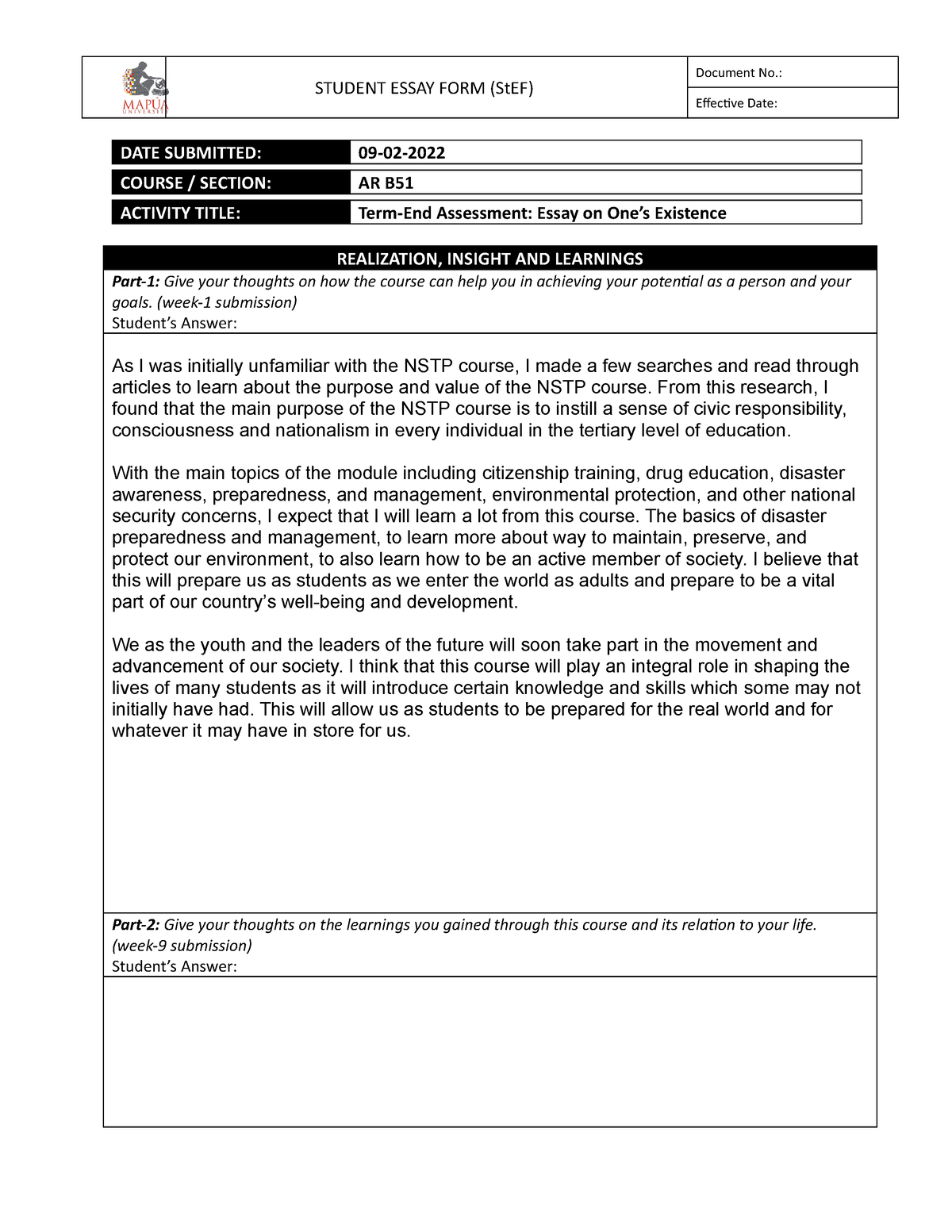 NSTP1 00 Term End Essay Camenforte - STUDENT ESSAY FORM (StEF) Document ...