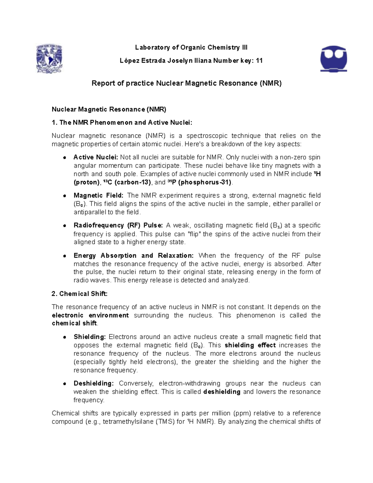 Copia de NMR Report , O3 - Laboratory of Organic Chemistry III López ...