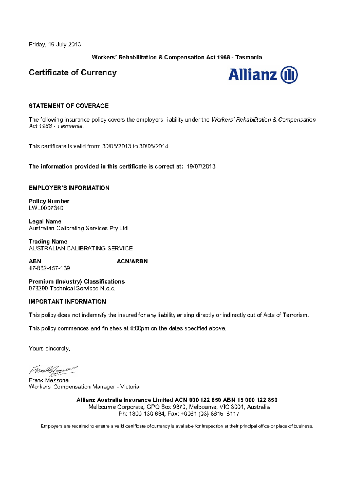 Workers Comp Cert TAS (2014 ) Australian Calibrating Services