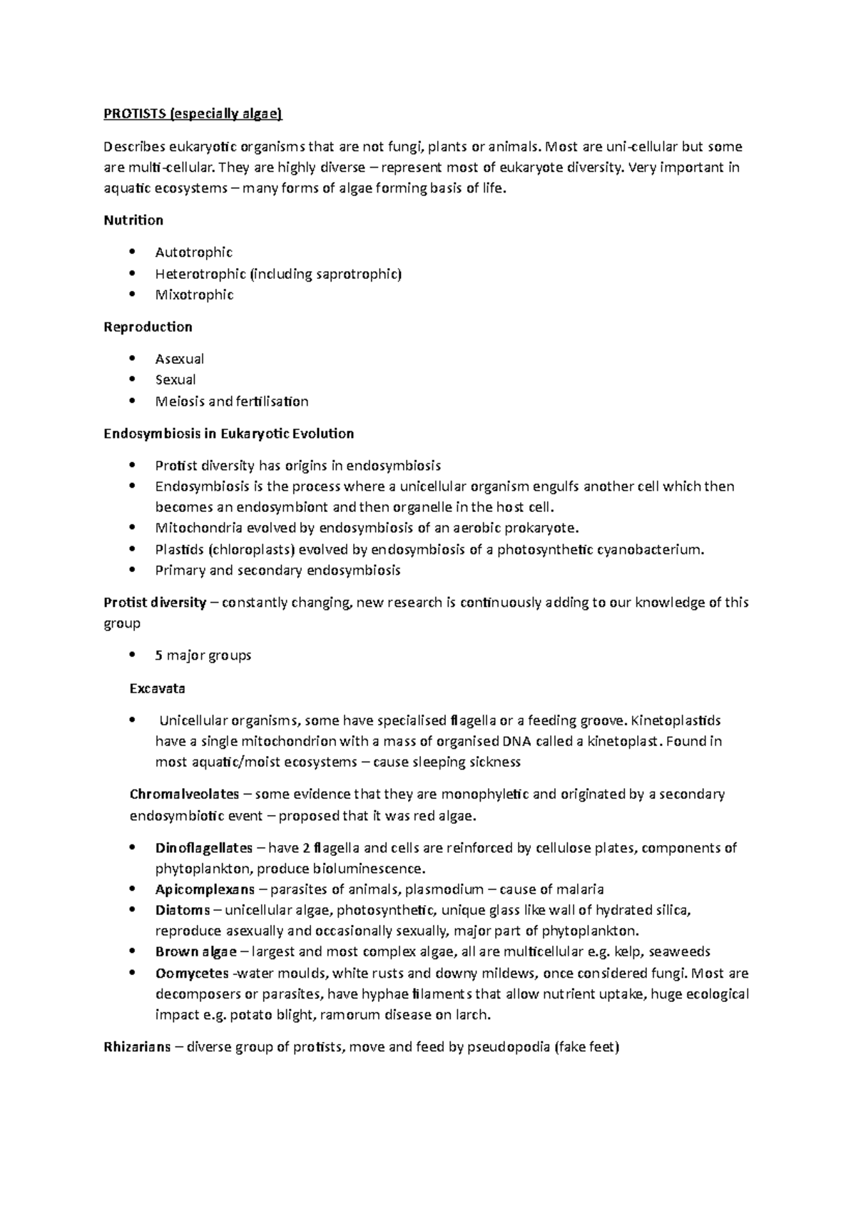 Protists - Lecture notes 7 - PROTISTS (especially algae) Describes ...