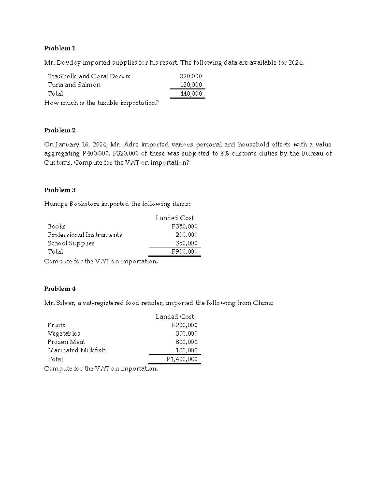 TAX Problems VAT PT - Mr. Doydoy imported supplies for his resort. The ...