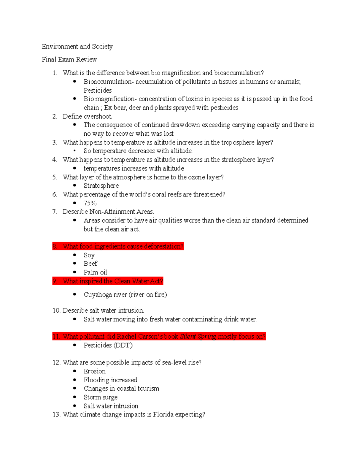 Review for Final Exam questions Environment and Society Final Exam
