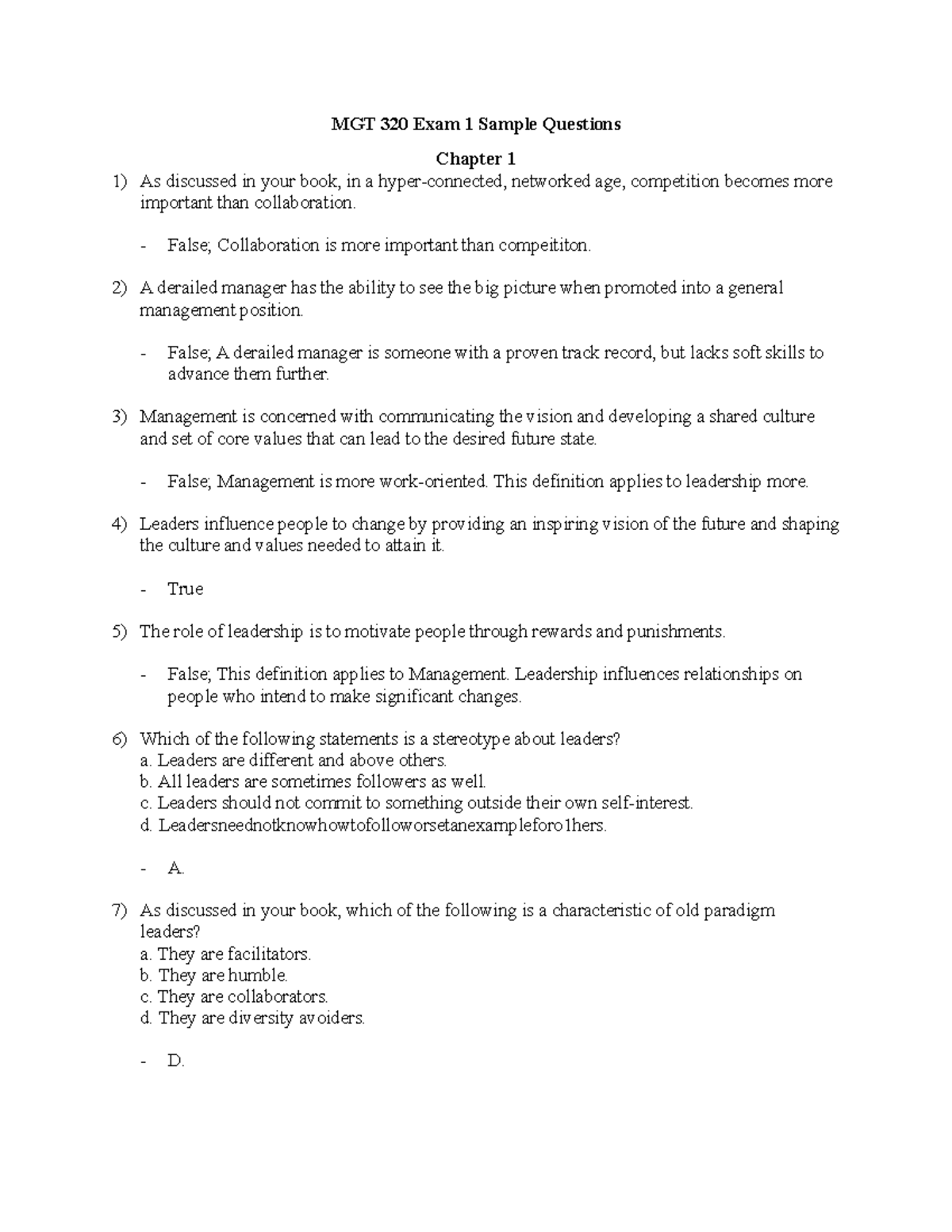 MGT 320 Exam 1 Study Guide - MGT 320 Exam 1 Sample Questions Chapter 1 ...