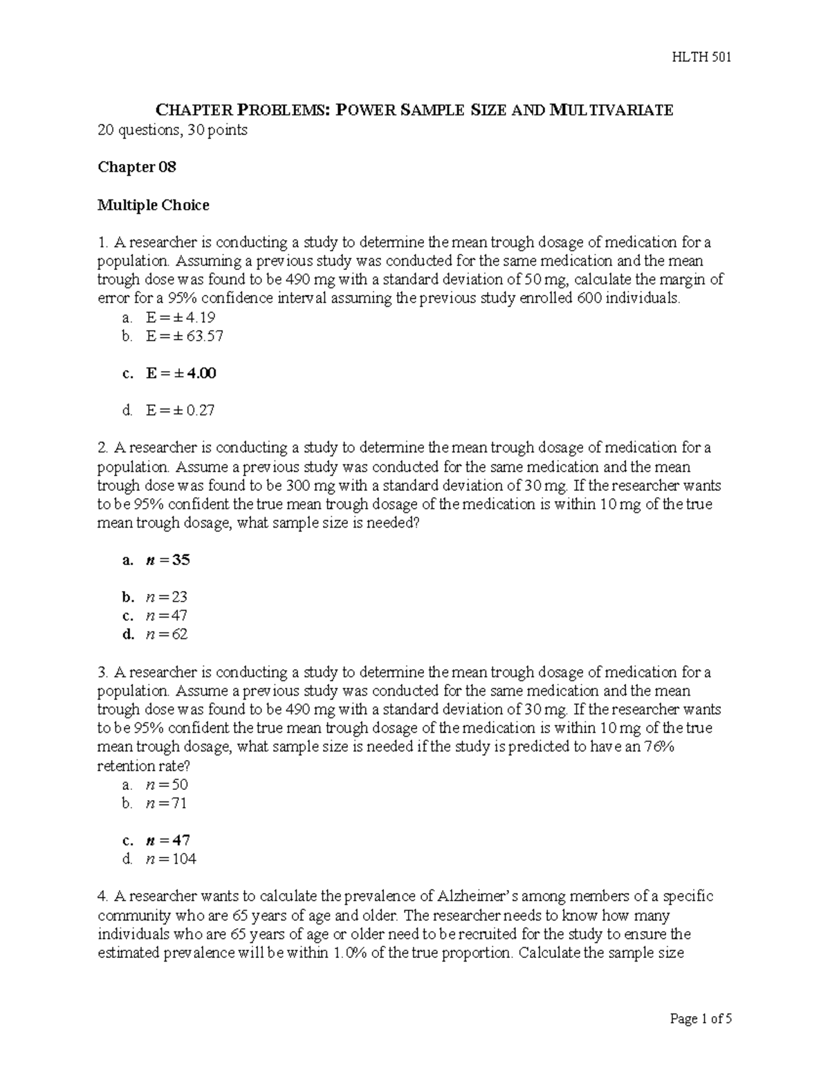 Chapter Problems Power Sample Size and Multivariate - CHAPTER PROBLEMS ...