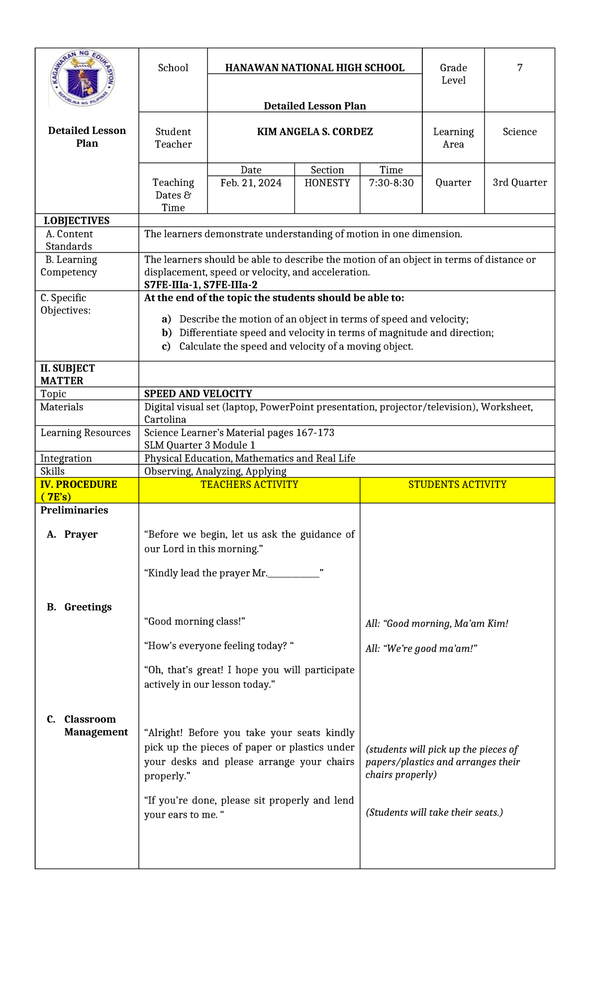 Detailed Lesson Plan Speed and Velocity Grade 7 - Detailed Lesson Plan ...