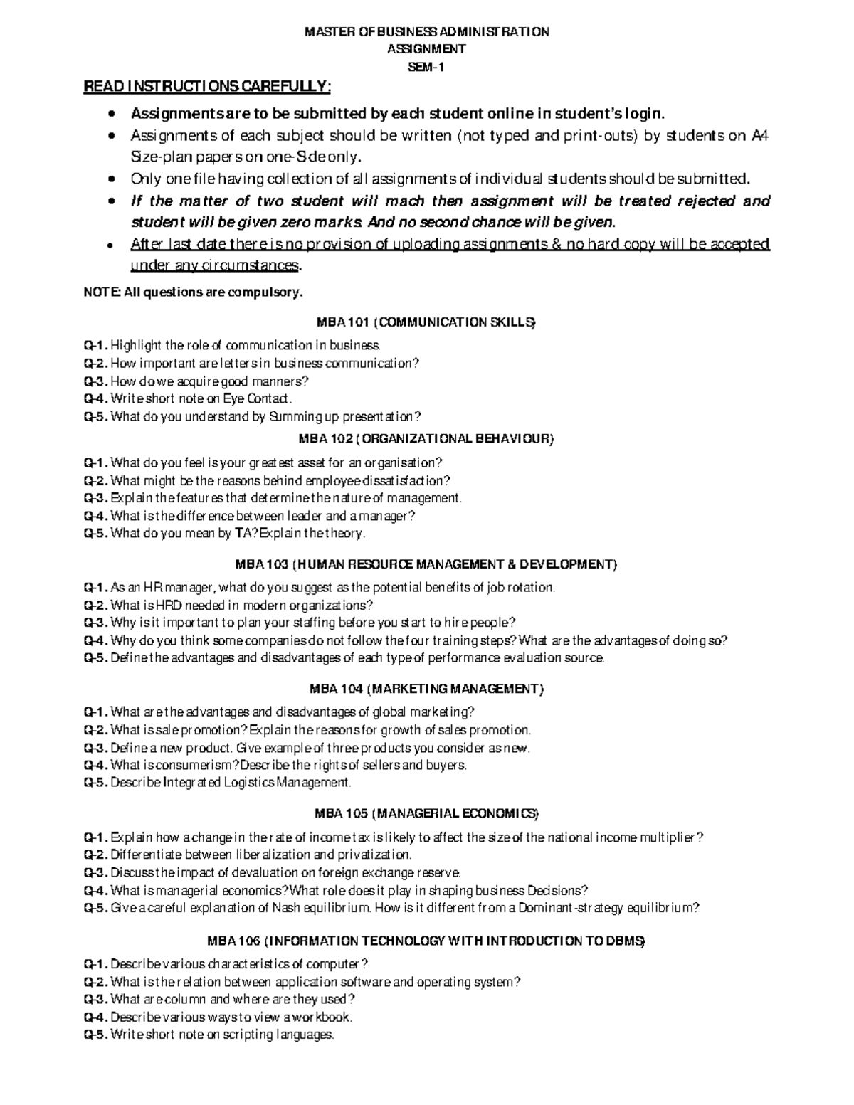 MBA - SEM - 1 Assessment Questions - MASTER OF BUSINESS ADMINISTRATION ...