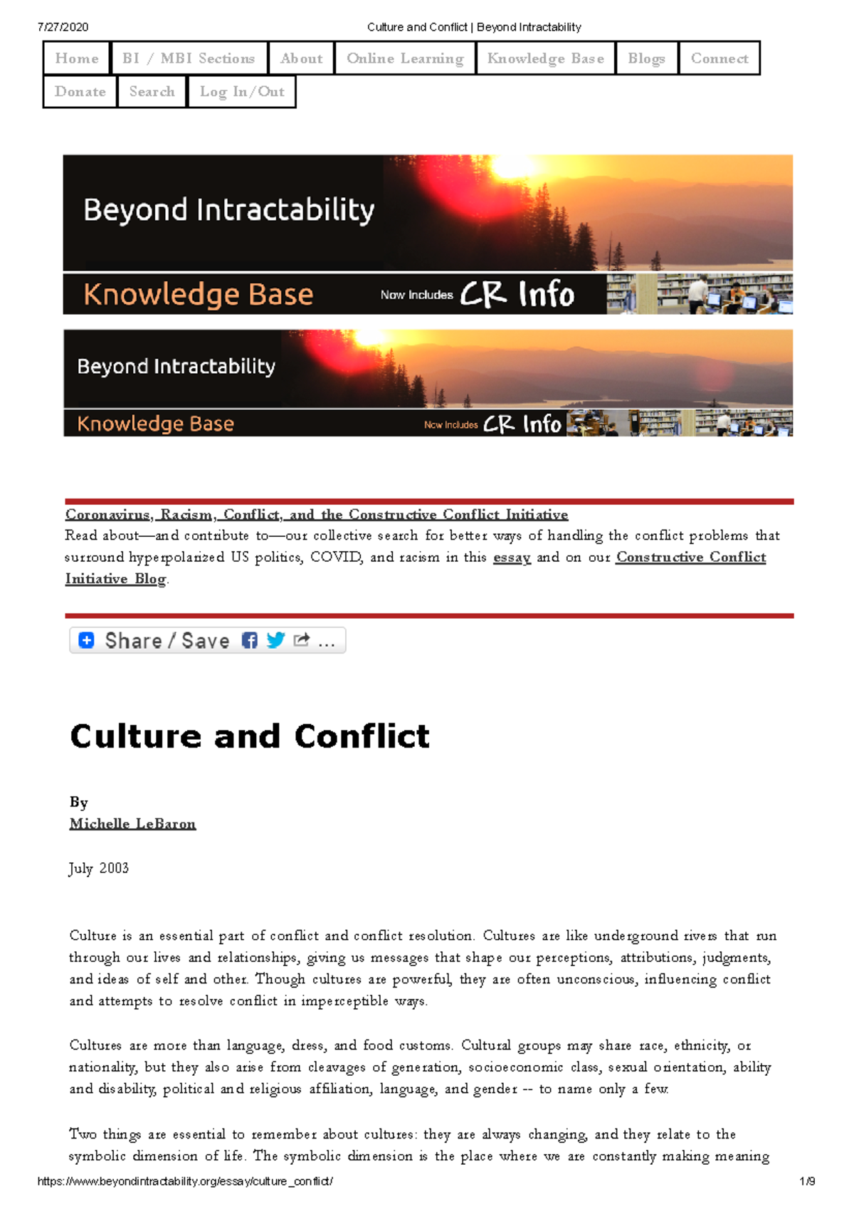 Culture and Conflict Beyond Intractability - Coronavirus, Racism ...