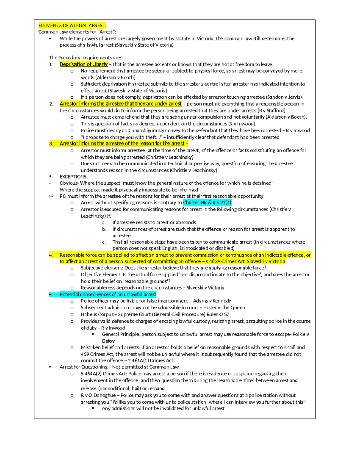 Arrest Cheat Sheet - ELEMENTS OF A LEGAL ARREST: Common Law elements ...