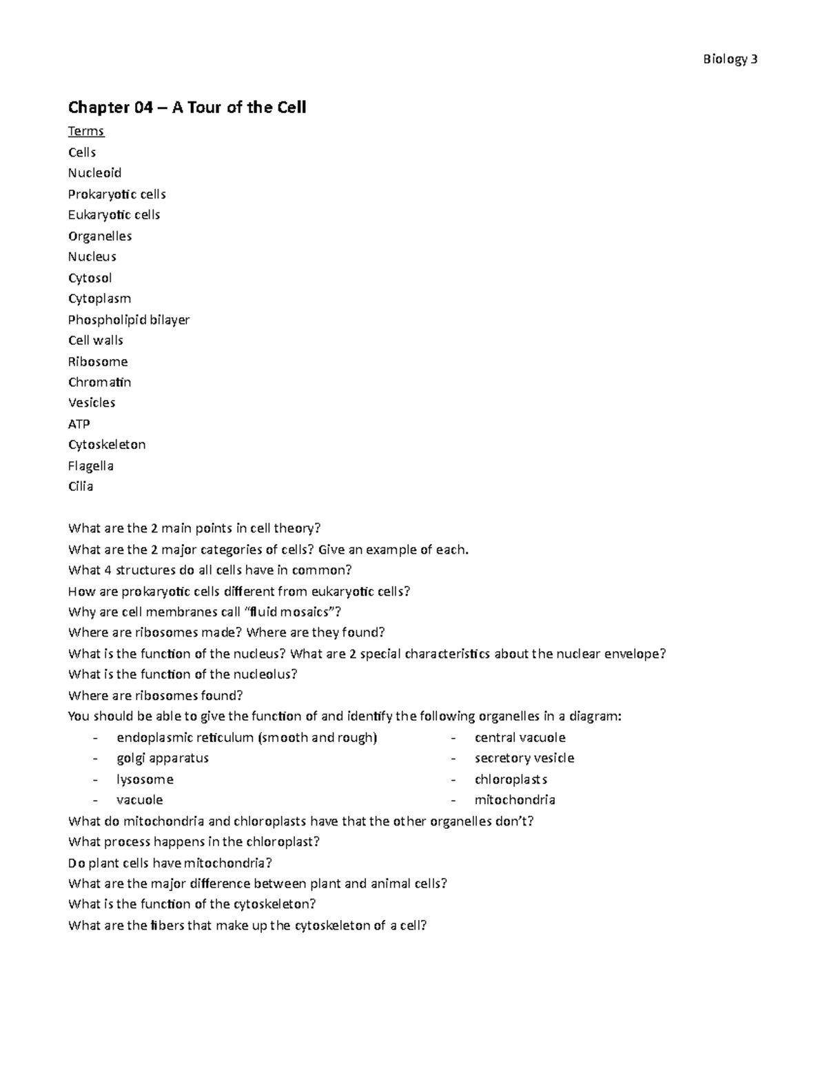 Biology 3 Chapter 04 Study Guide Biology 3 Chapter 04 A Tour of the