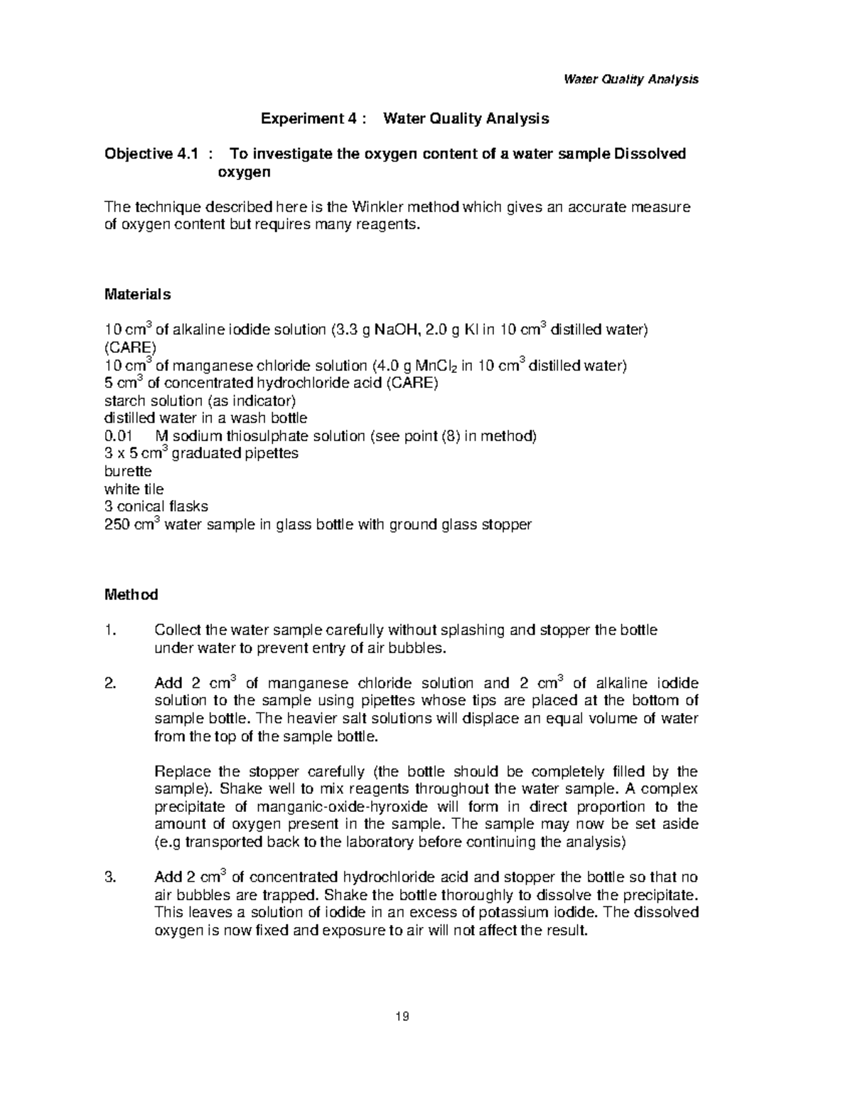 water quality lab experiment