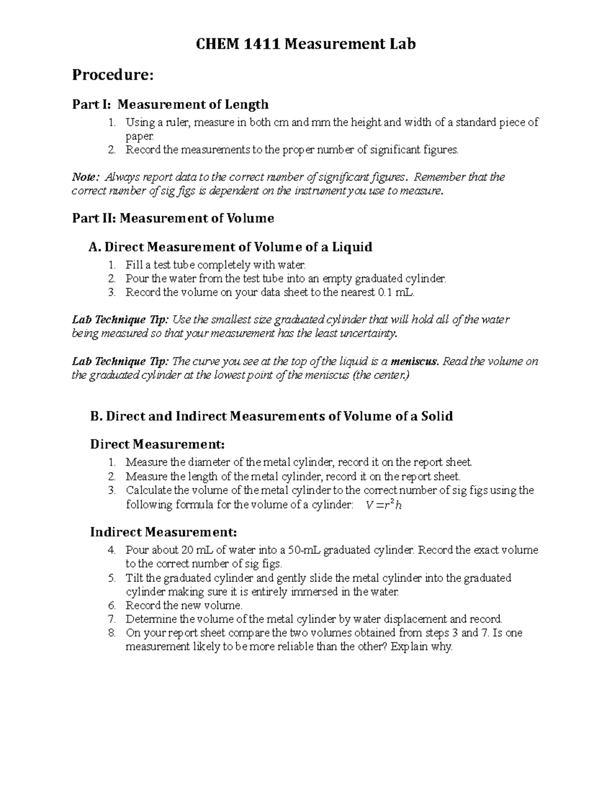 Chemistry Measurement Lab Procedure Studocu