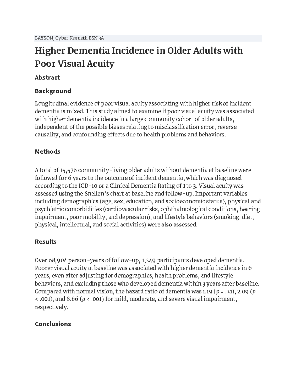 Abstract - BAYSON, Gyber Kenneth BSN 3A Higher Dementia Incidence in ...